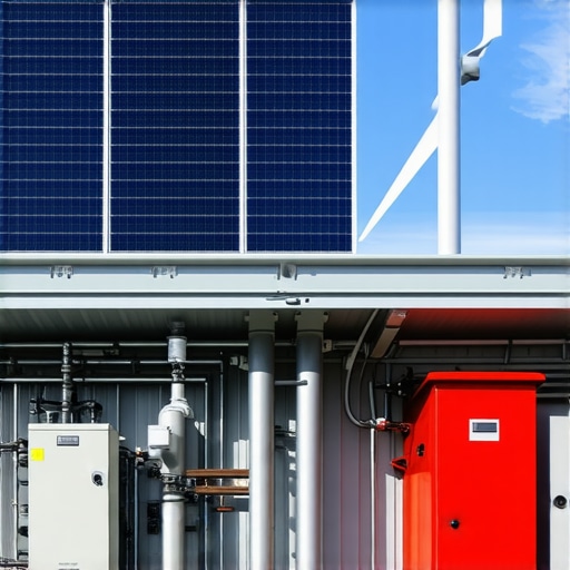 Modern off-grid renewable energy system with solar panels, wind turbines, and battery storage in a natural landscape.