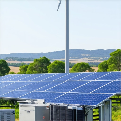 Modern off-grid energy system with solar panels, wind turbine, and battery storage in rural landscape