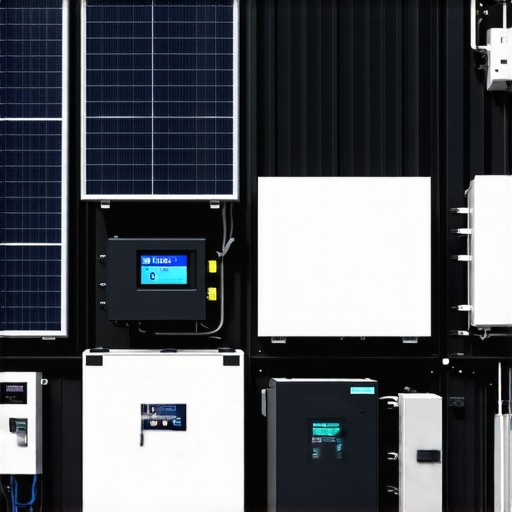 High-tech off-grid solar array with modular batteries and intelligent energy management.