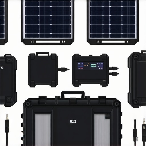 Portable solar panels with thermal cooling fins and modular batteries in outdoor environment