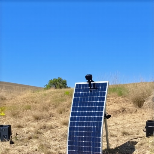 Portable solar panel with sun tracker in outdoor environment